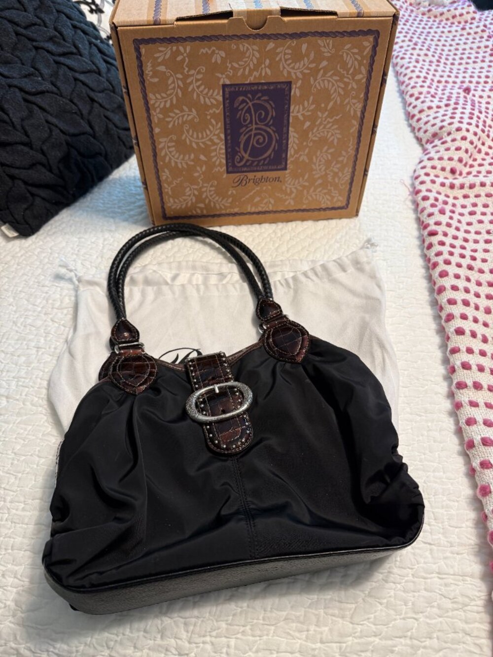 **Brighton Vintage Black Microfiber Two Tone Shoulder Purse**